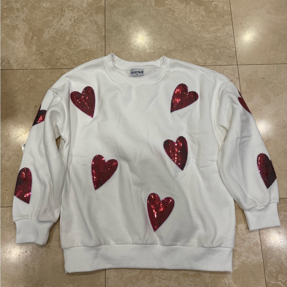Katydid New White Sweatshirt with Red Heart Accents